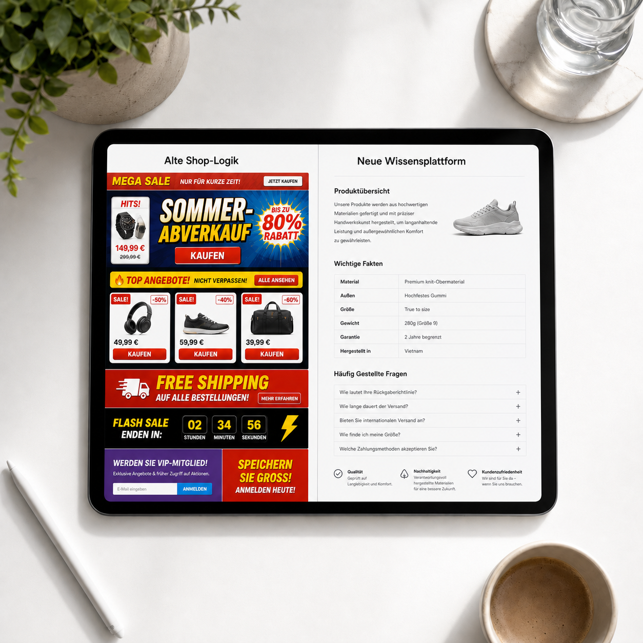 Tablet auf weißem Tisch zeigt Vergleich: alte, überladene Shop-Oberfläche und neue, minimalistische Produktseite mit WooCommerce Texten.