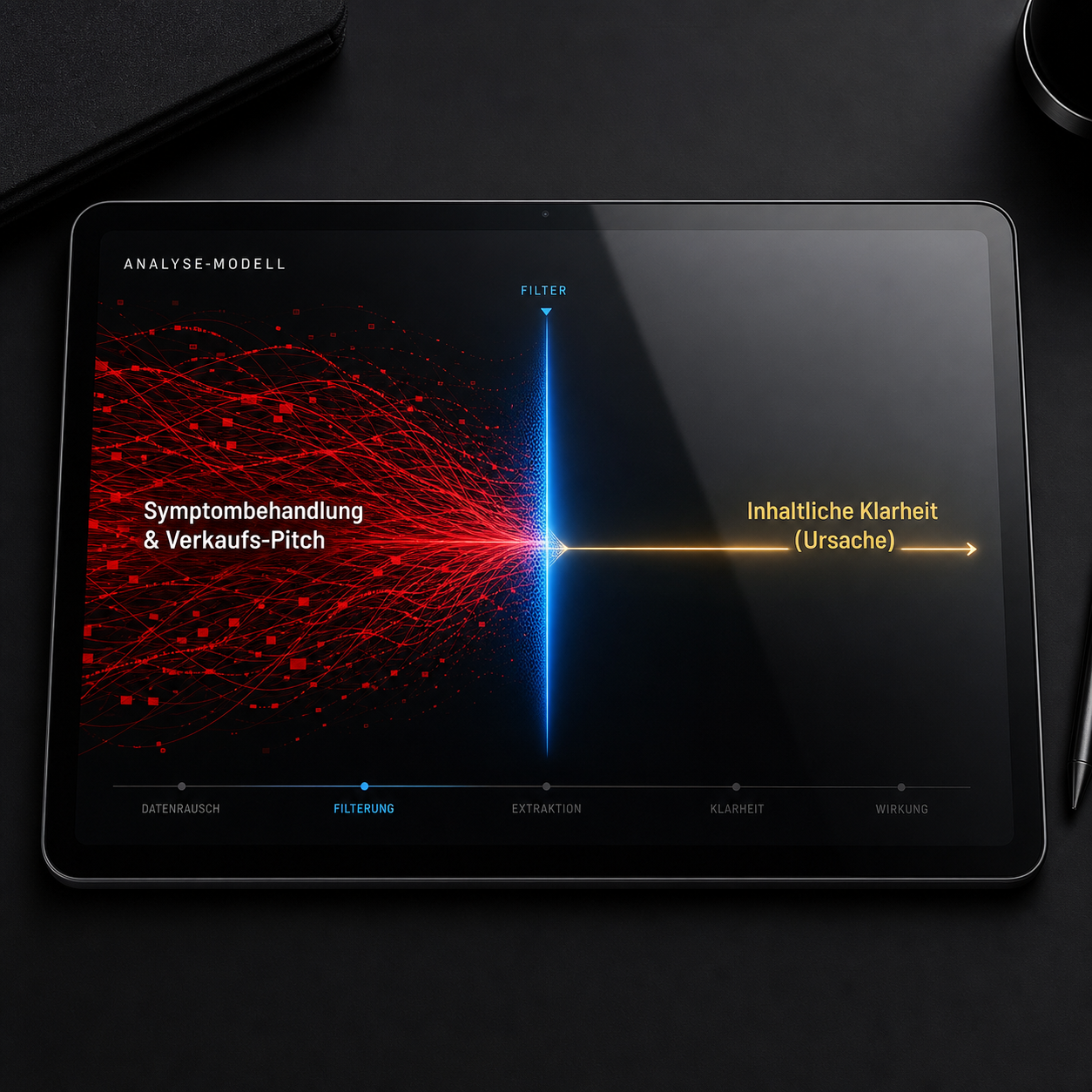 Ein Tablet zeigt ein Diagramm mit roten Linien, blauem Filter und gelber Linie mit Beschriftungen zum Klärungsprozess. Ein Tablet zeigt ein Diagramm mit roten Linien, blauem Filter und gelber Linie mit Beschriftungen zum Klärungsprozess.