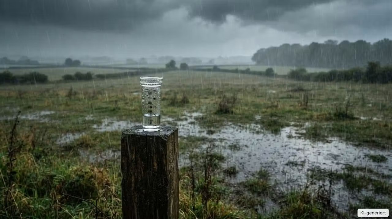Kleiner Regenmesser auf einem Pfosten in einem weiten Feld bei starkem Regen (KI-generiertes Bild) Kleiner Regenmesser auf einem Pfosten in einem weiten Feld bei starkem Regen (KI-generiertes Bild)