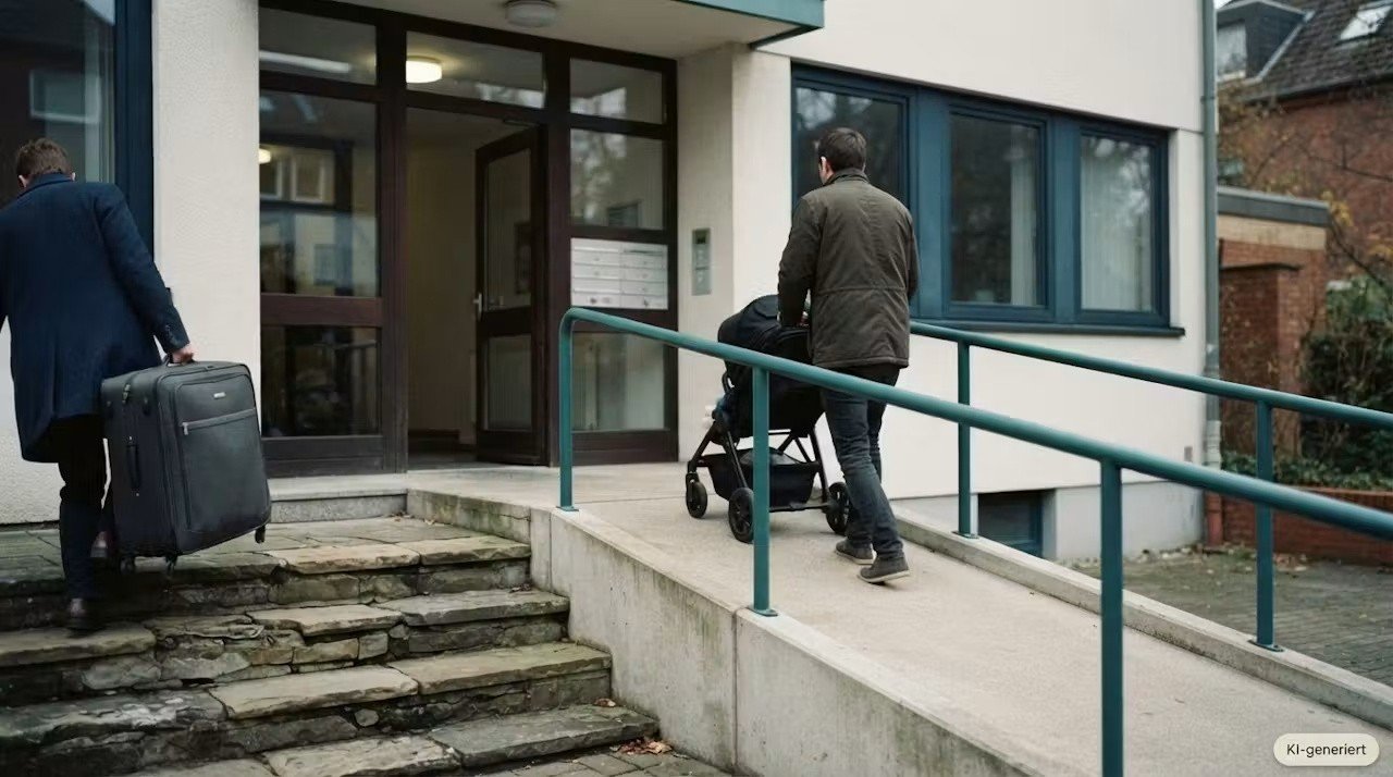 Hauseingang mit Treppe links und Rampe rechts, eine Person schiebt einen Kinderwagen die Rampe hinauf (KI-generiertes Bild) Hauseingang mit Treppe links und Rampe rechts, eine Person schiebt einen Kinderwagen die Rampe hinauf (KI-generiertes Bild)