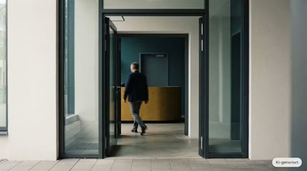 Blick durch mehrere hintereinanderliegende Eingangsebenen eines Gebäudes auf einen Empfangstresen (KI-generiertes Bild) Blick durch mehrere hintereinanderliegende Eingangsebenen eines Gebäudes auf einen Empfangstresen (KI-generiertes Bild)