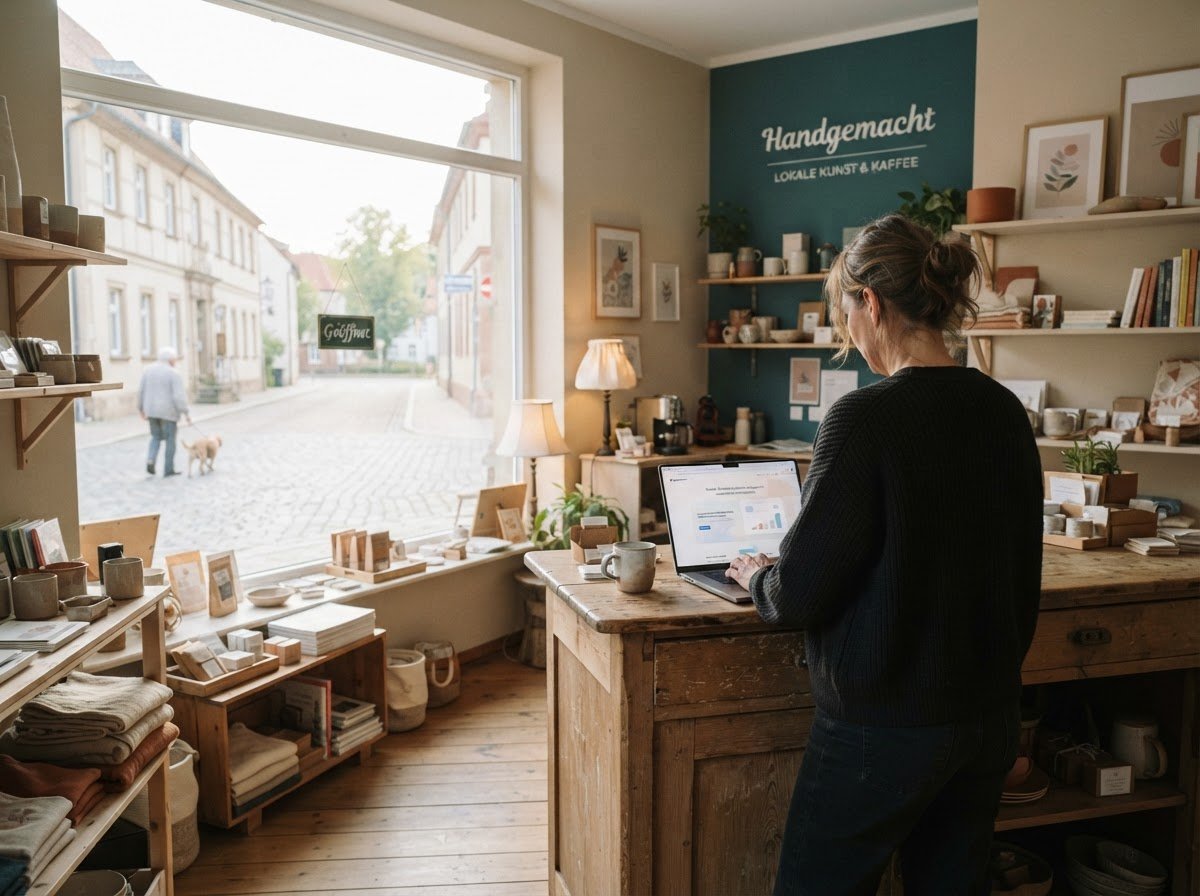 Inhaberin eines kleinen Geschäfts arbeitet am Laptop als Beispiel für KI Skills im Alltag von KMU